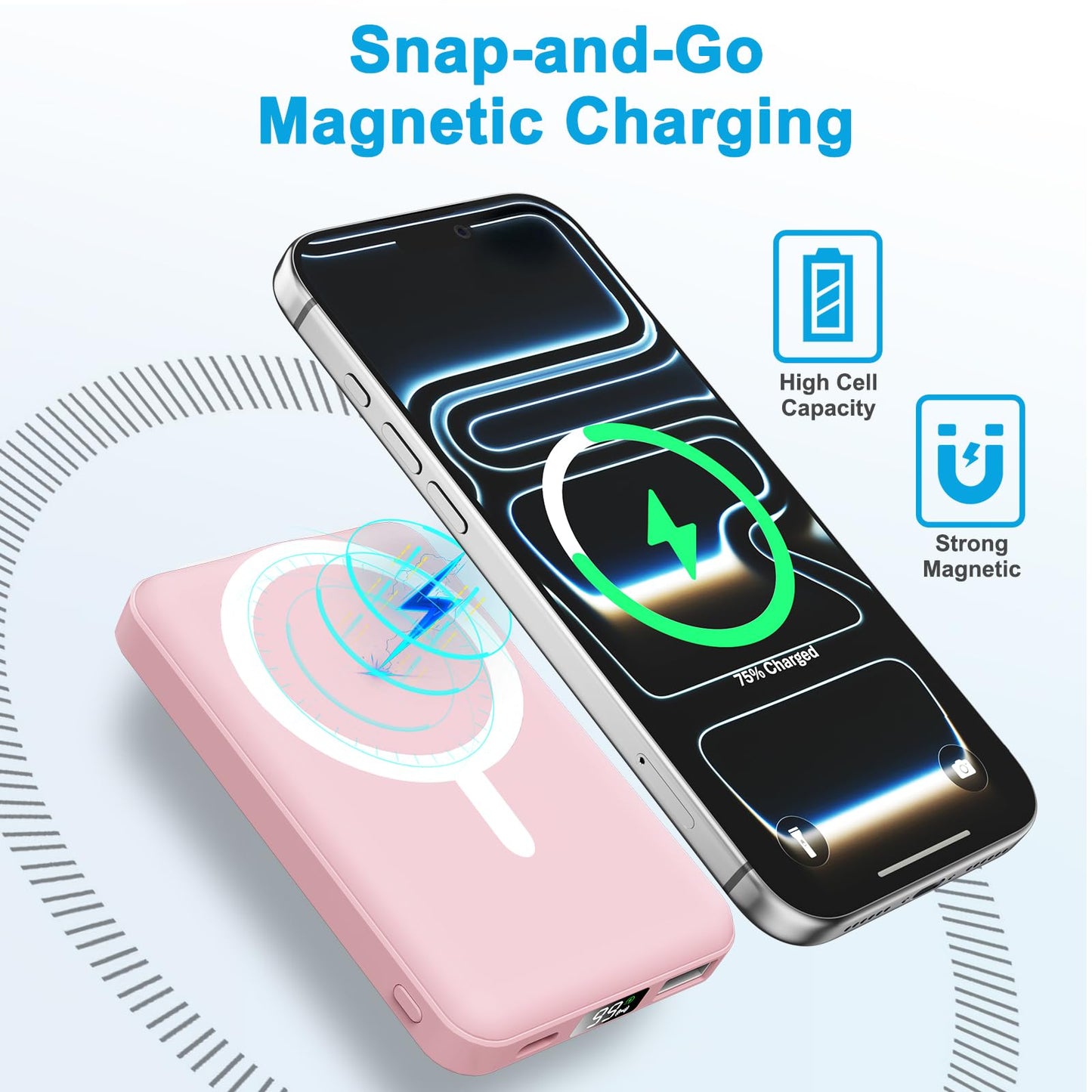 AOGUERBE for MagSafe Wireless Power Bank, Magnetic Power Bank 10000mAh with USB C in&Out, 22.5W Fast Charging Battery Pack Inductive Charging for iPhone 17/16/15/14/13/12/11/Pro/Plus/Pro Max Series (Pink) - KT-D003