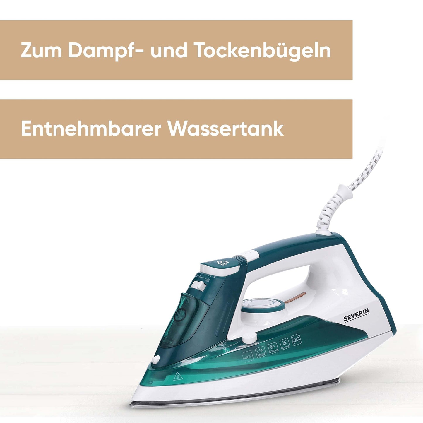 SEVERIN steam iron with robust stainless steel sole, 2400W, 85g, min steam boost, 30g, min variable steam output, removable water tank, anti-drip function, 175 ml, white-green, BA 3261