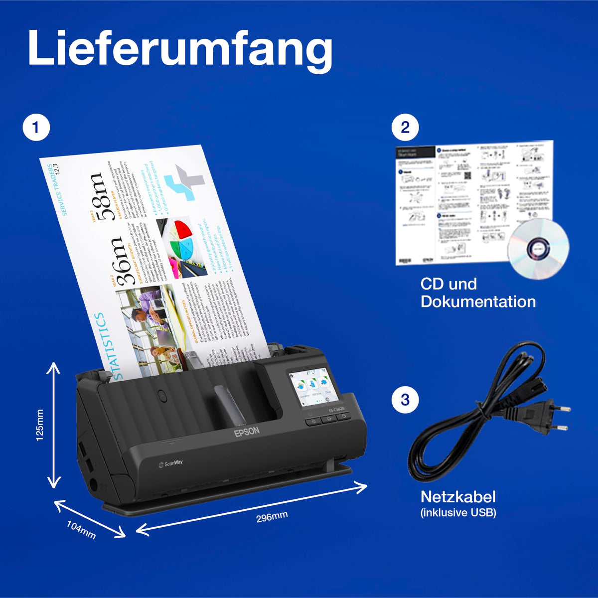 Epson Netzwerk Scanner ES-C380W, scanner de birou A4 compact cu consum redus de energie, scanner cu alimentare duplex și procesare versatilă a suporturilor, negru - B11B269401