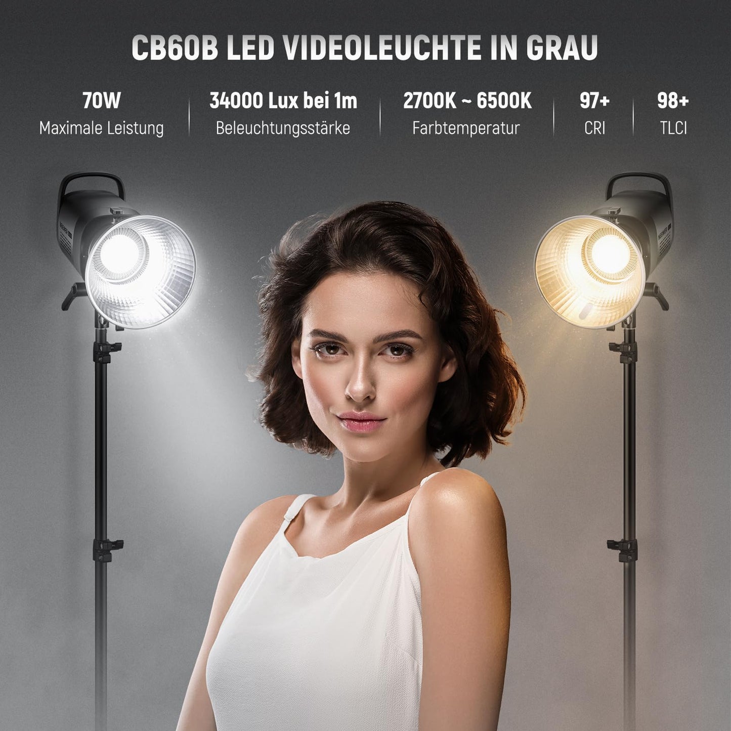 NEEWER 70W LED video light, 2.4G and APP control, two-tone 2700K-6500K video light, 34000 lux/1m, CRI97+/12 scenes/Bowens COB continuous light for studio photography video recording and streaming, CB60B - 10102325