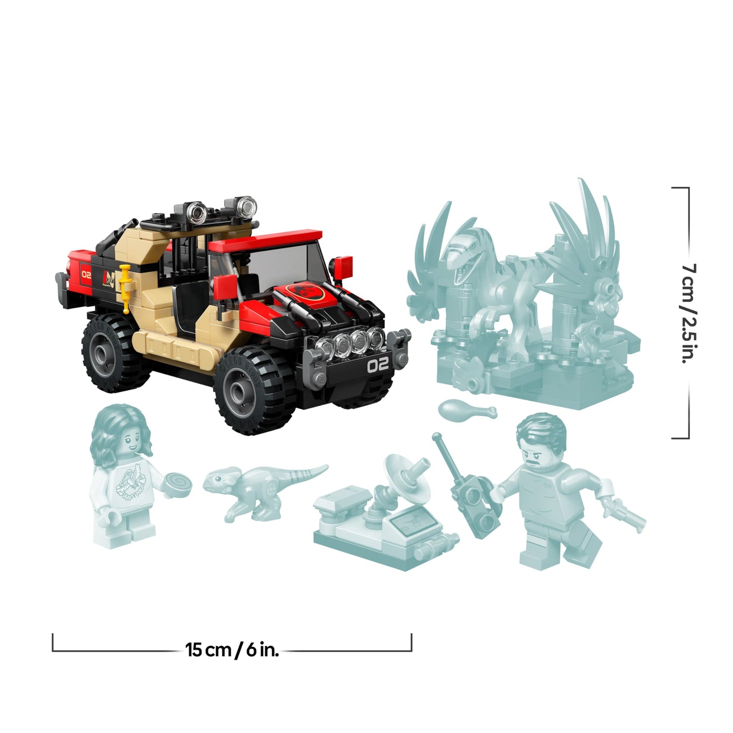 LEGO Jurassic World Raptor: Off-road vehicle chase - 2 dinosaur figures, car, 2 minifigures - gift for boys and girls aged 6 and up, fans of the film "The Rebirth" - 76972