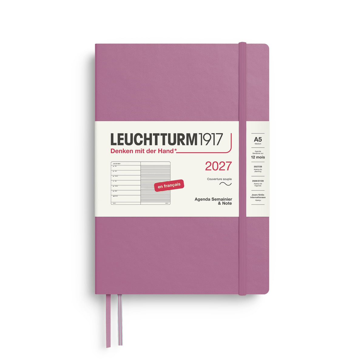 LEUCHTTURM1917 calendar săptămânal 2027 mediu (A5) cu caiet, cu linii - planificator de întâlniri francez, Dusty Rose, copertă moale, ianuarie-decembrie 2027, prezentare săptămânală în stânga + pagina de note în dreapta - 400388