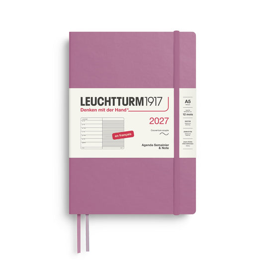 LEUCHTTURM1917 calendar săptămânal 2027 mediu (A5) cu caiet, cu linii - planificator de întâlniri francez, Dusty Rose, copertă moale, ianuarie-decembrie 2027, prezentare săptămânală în stânga + pagina de note în dreapta - 400388