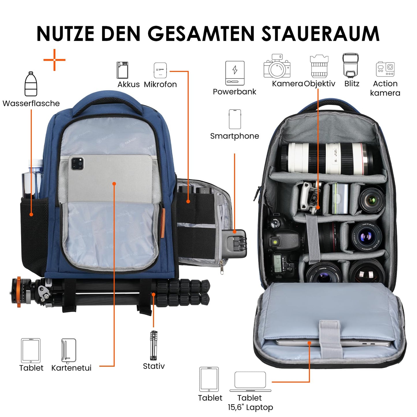 TARION Camera Backpack Lightweight Camera Backpack with 15 Inch Laptop Compartment Blue - TB-02-BU-EU