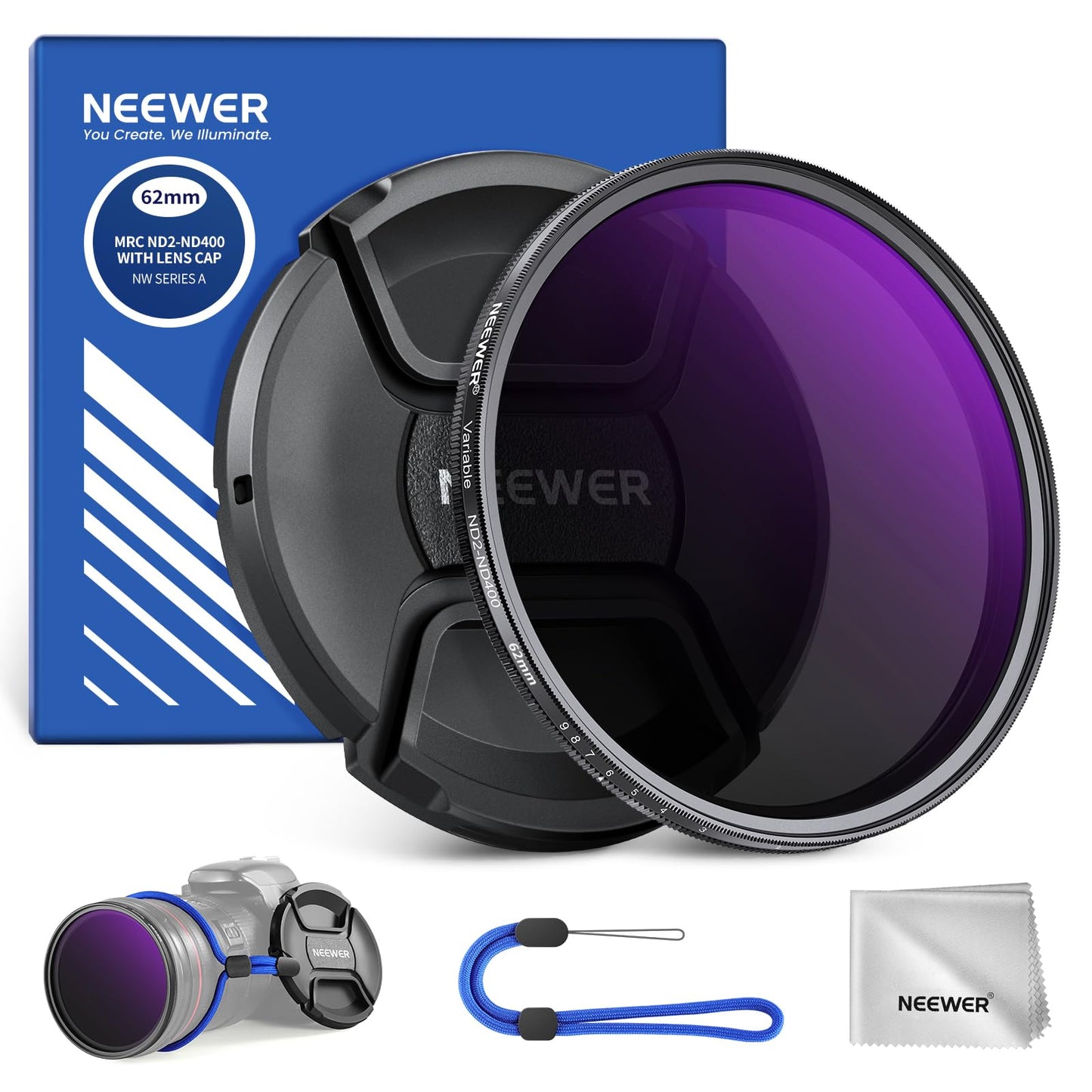NEEWER 62mm ND2-400 (1-9 Stop) Variable ND Filter with Lens Cap Lanyard Cleaning Cloth Precise Adjustment of Neutral Density Gray Filter Fingerprint Scratch-Resistant Multi-Layer Optical Glass - NW