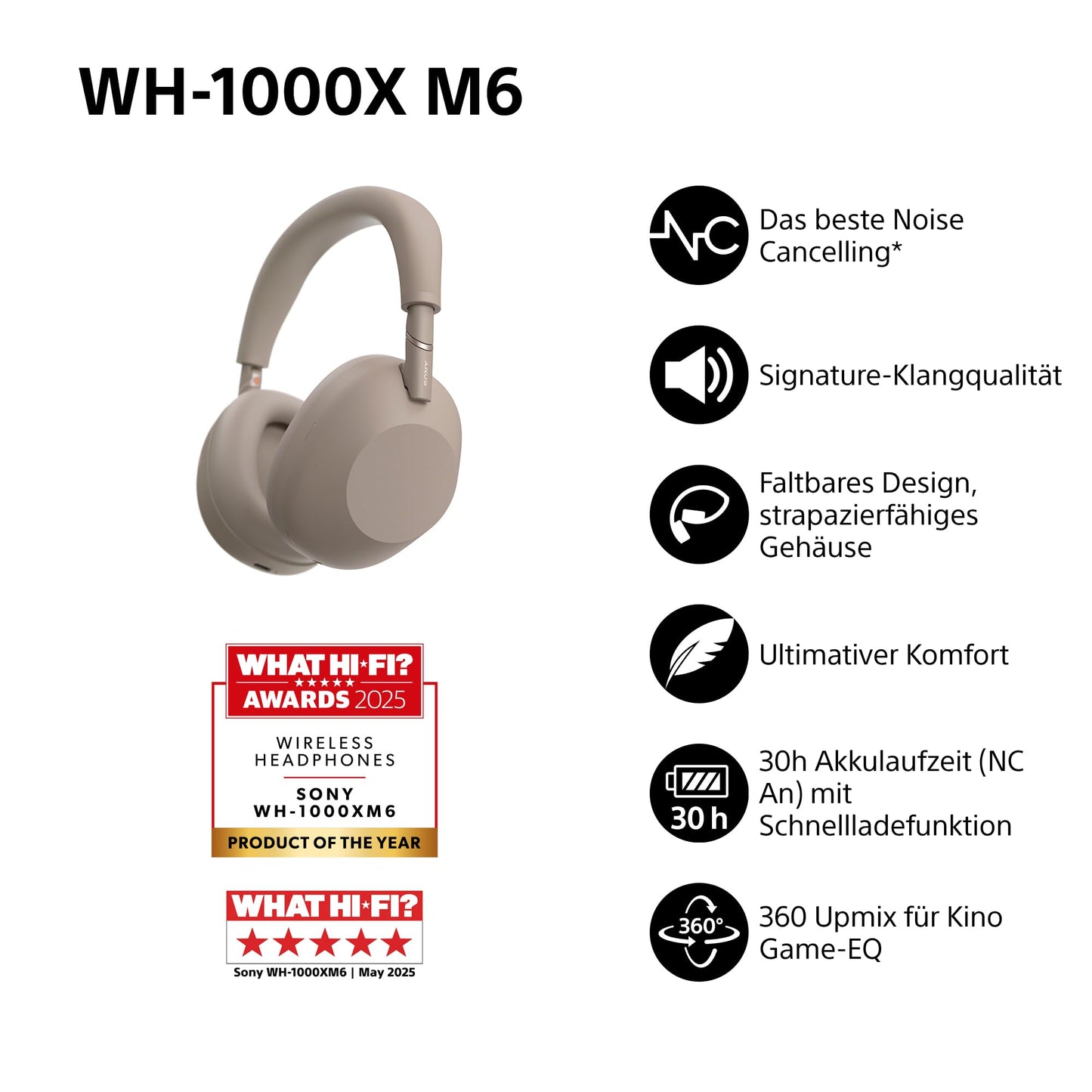 Sony WH-1000XM6 Wireless Noise Canceling Headphones, Signature Hi-Res Sound, Bluetooth Headphones, Comfort, Foldable Design, Magnetic Carrying Case, 30 Hour Battery NC On, iOS & Android - Sandstone - WH1000XM6T.CE7