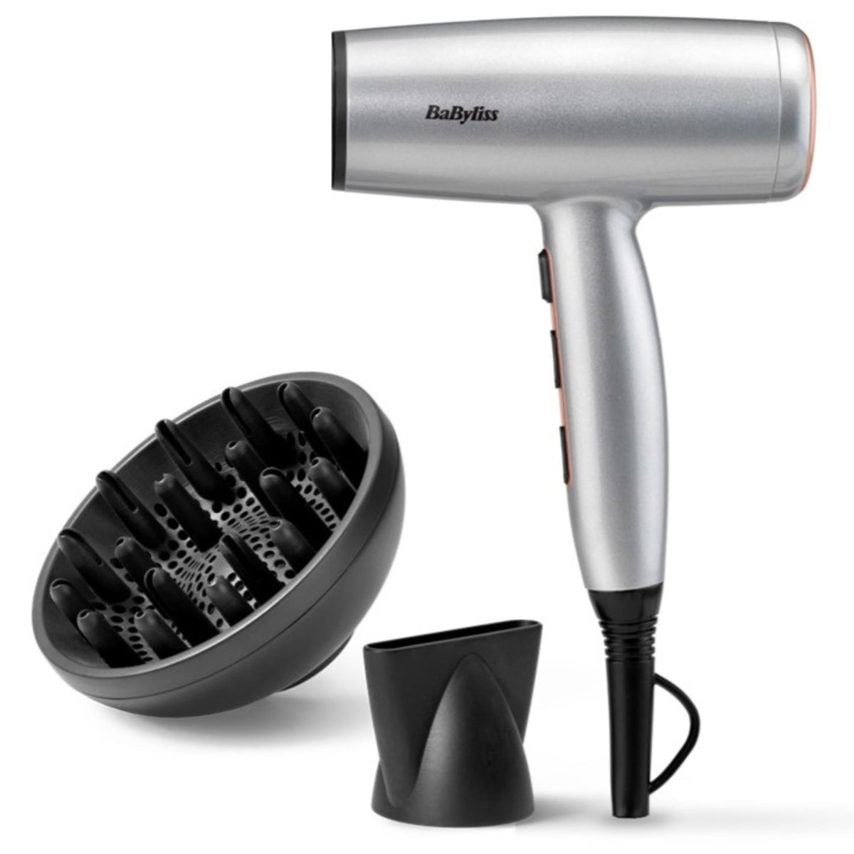 BaByliss Cosmos Uscător de păr ușor cu difuzor – 2100W Uscător puternic și elegant, tehnologie cu ioni împotriva frizz-ului, 3 niveluri de căldură și 2 viteze ale ventilatorului, argintiu, D580DE