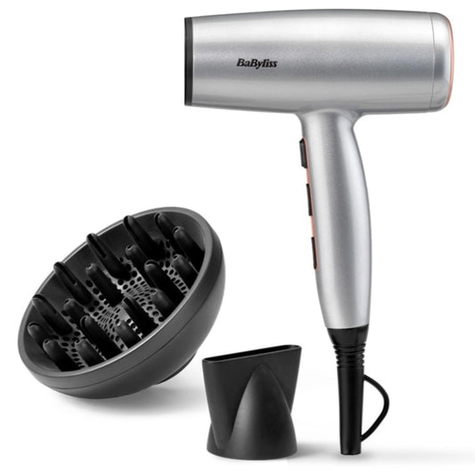 BaByliss Cosmos Lightweight Hair Dryer with Diffuser – 2100W Powerful, Elegant Hair Dryer, Ion Technology Against Frizz, 3 Heat & 2 Speed Settings, Silver, D580DE