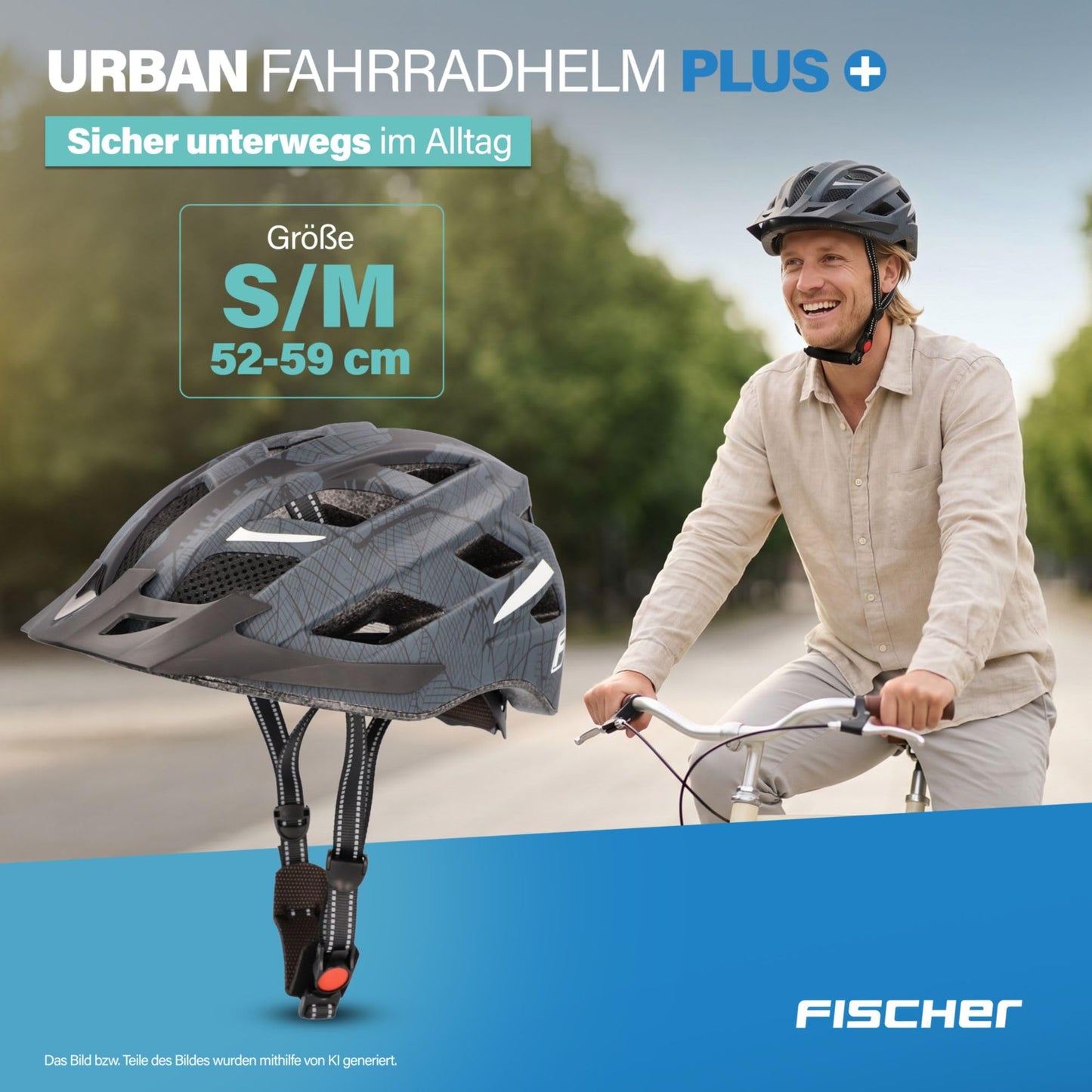 Fischer adult bicycle helmet, cycling helmet, city helmet Urban Plus Brooklyn, S/M, 52-59cm, blue, with integrated LED rear light - 50449