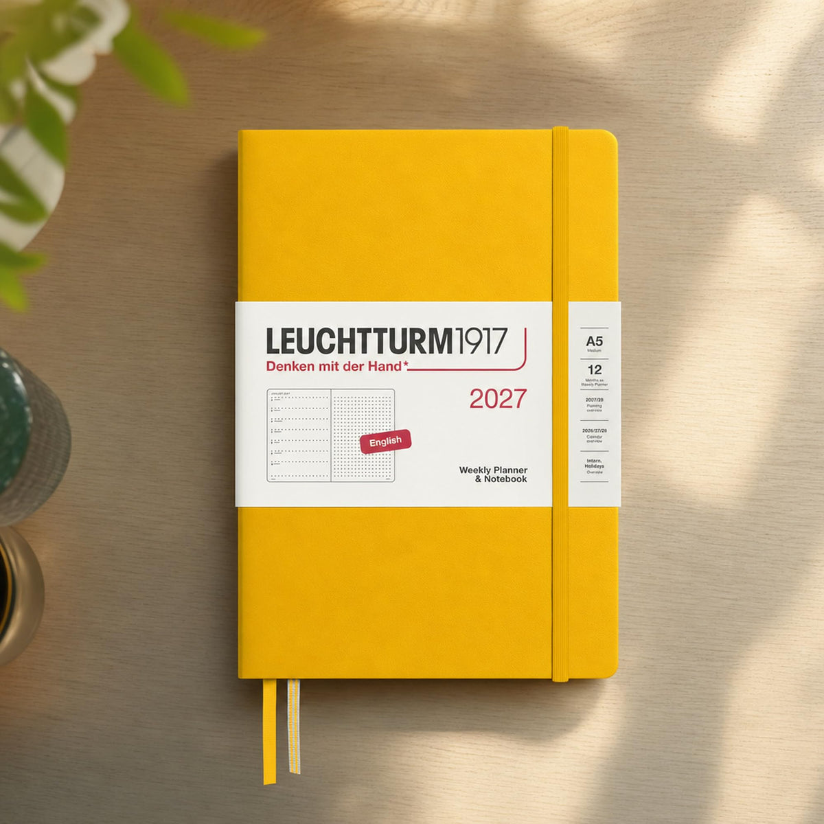 LEUCHTTURM1917 calendar săptămânal 2027 punctat mediu (A5) cu caiet, punctat - planificator de întâlniri engleză, floarea soarelui, copertă cartonată, 145 x 210 mm, ianuarie-decembrie 2027, prezentare săptămânală în stânga + pagina de note în dreapta -
