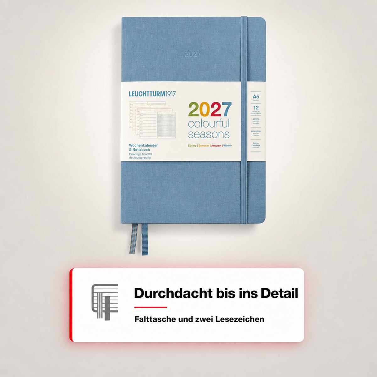 LEUCHTTURM1917 Calendar săptămânal și caiet cu puncte medie (A5) 2027, anotimpuri colorate albastru, engleză, cartonat, prezentare generală calendar 2026/2027/2028, prezentare generală a planificării 01.27-12.28, planificator de proiecte - 400371