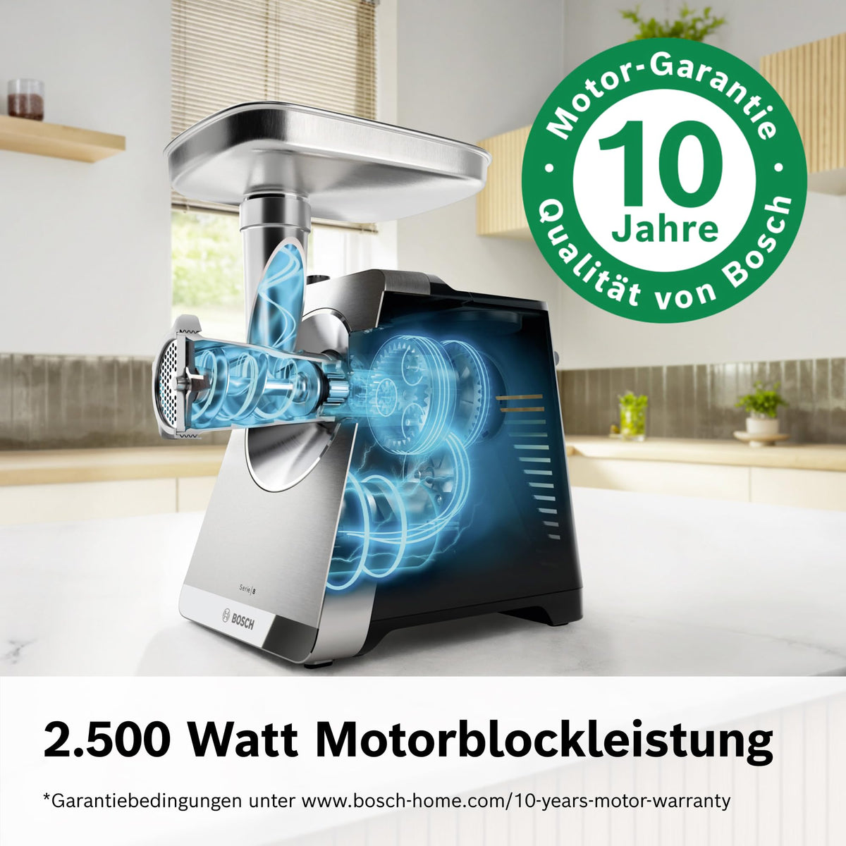 Bosch Răzătoare de carne Serie 8, 3 discuri de tăiere (3/4,5 / 8mm), oțel inoxidabil, lavabilă în mașina de spălat vase, accesorii pentru Kebbe și cârnați, feliator continuu, puterea motorului 2.500 W, electric, MultiPower MFWS840M