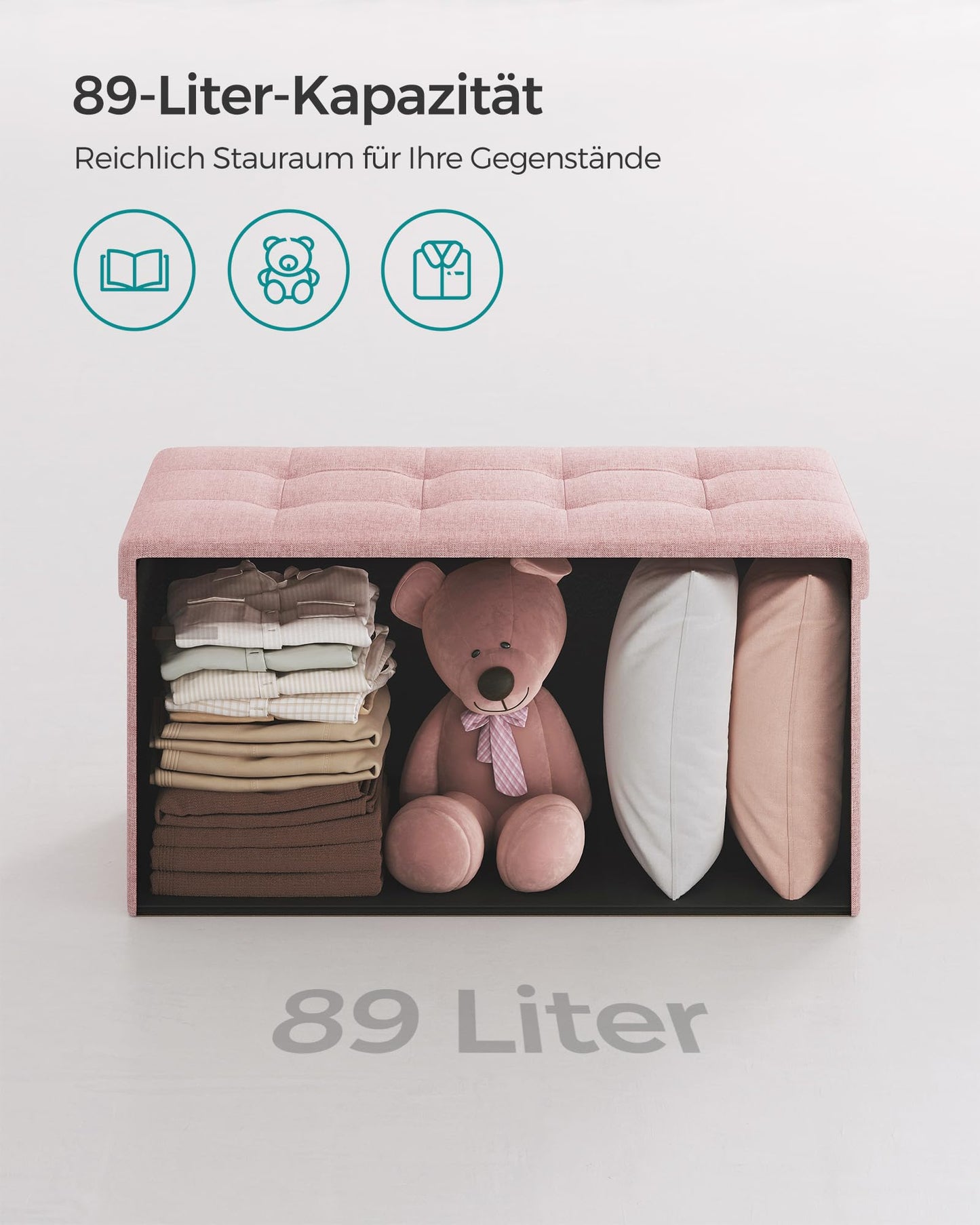 SONGMICS Stool with storage space, folding bench, 38 x 76 x 38 cm footstool, storage box, loads up to 300 kg, for living room, bedroom, hallway, pastel pink LSF047R11 - 6955880314393