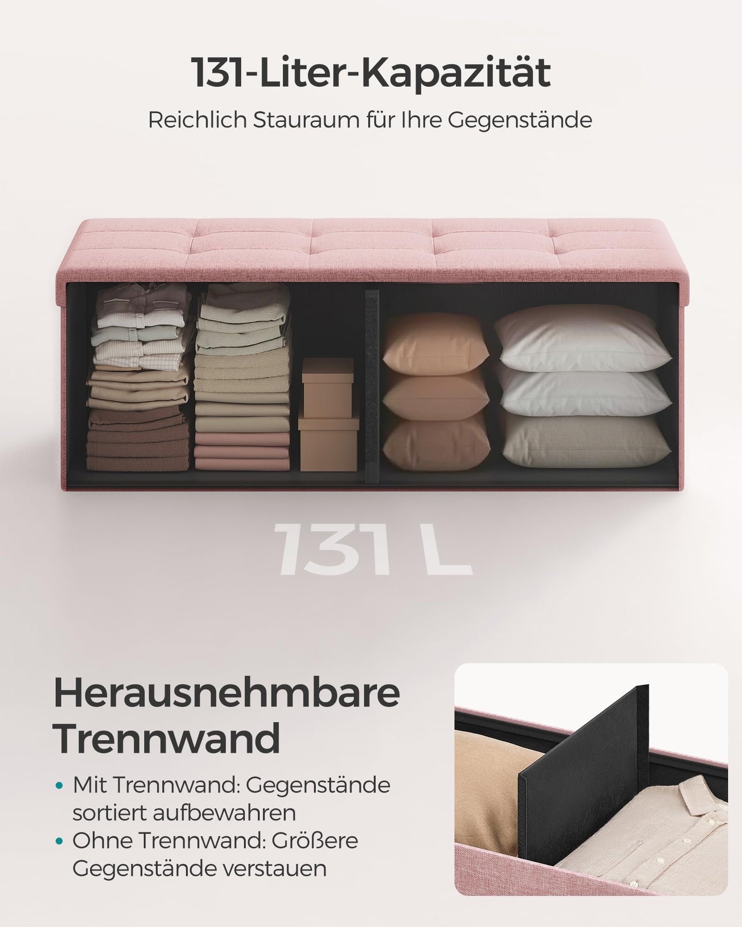 SONGMICS Stool with storage space, folding bench, 38 x 110 x 38 cm footstool, storage box, load capacity up to 300 kg, for living room, bedroom, hallway, pastel pink LSF077R11 - 6955880314393