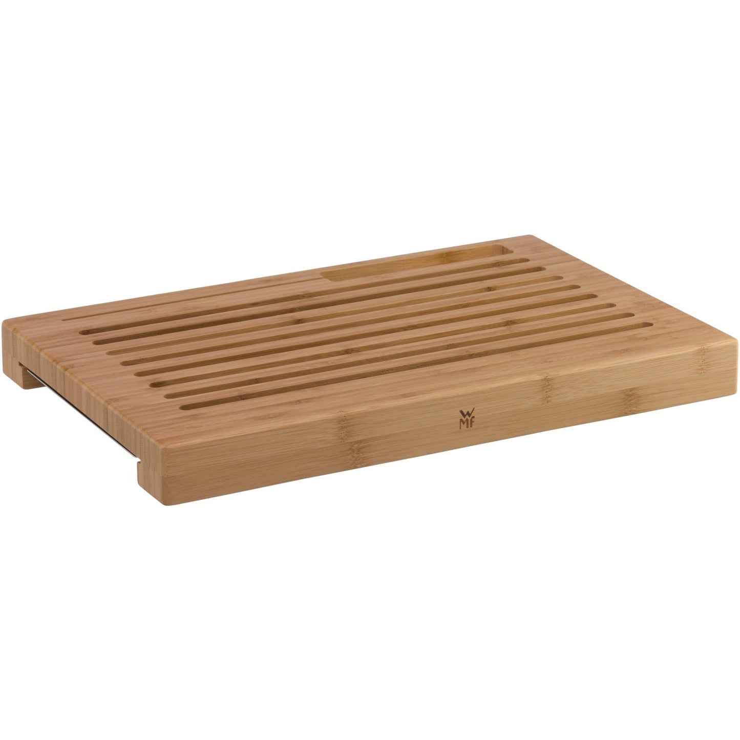 WMF bread cutting board with crumb catcher, cutting board with drip tray 44 x 27 x 4.8 cm, wooden cutting board with crumb tray, bamboo, grid shape, gentle on blades - 1892014500