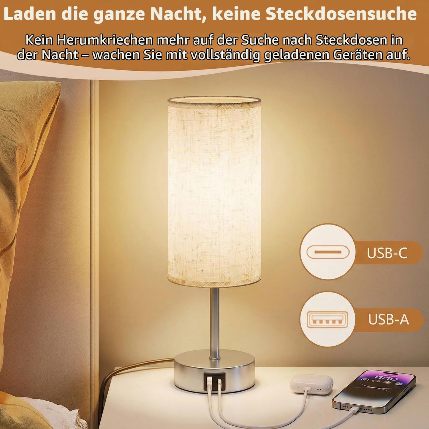 UPXNBOR bedside lamp set of 2, table lamp with USB-A & USB-C charging function - N-15