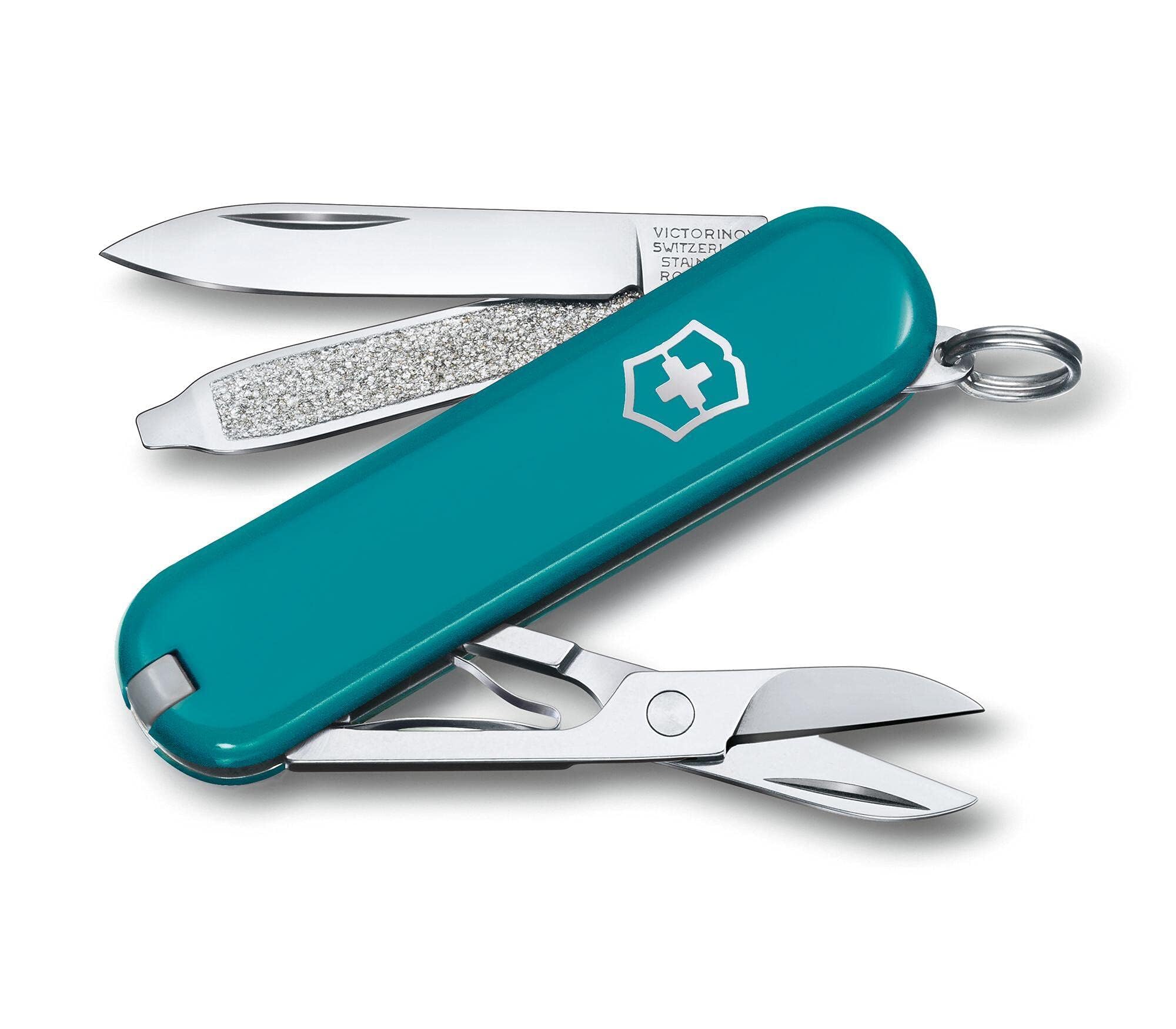 Victorinox Swiss Army Knife, Small, Classic SD, Multitool, Swiss Army Knife, Gift, 7 Functions, Blade, Nail File, Turquoise - 0.6223.23