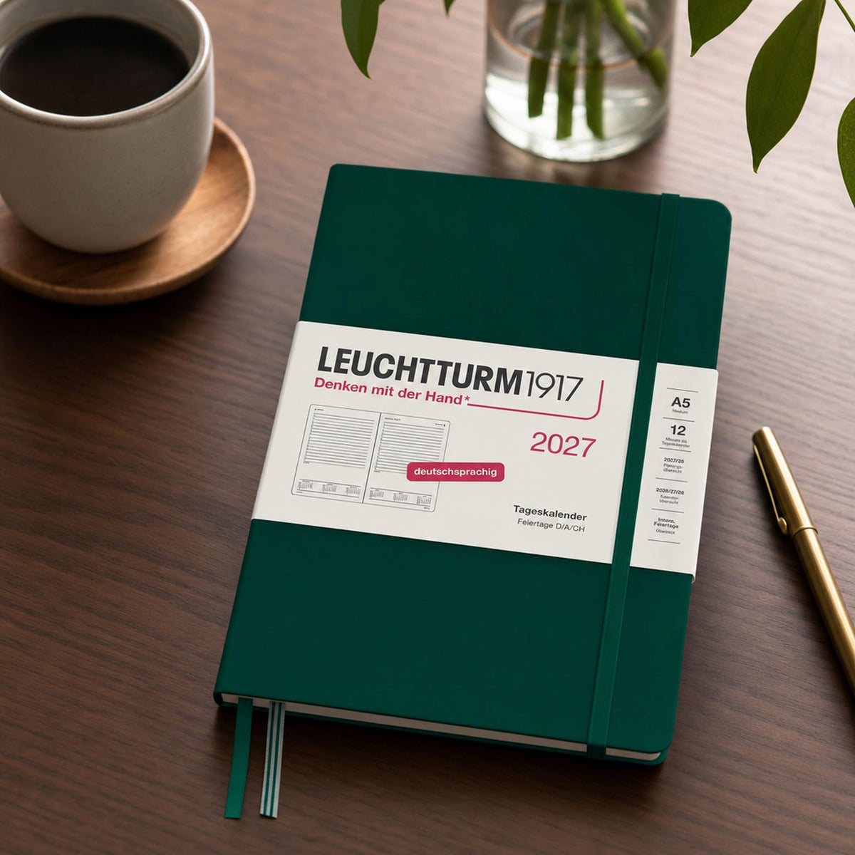 LEUCHTTURM1917 Daily Calendar 2027 Medium (A5) - German, Forest Green, 145 x 210 mm, January-December (12 months), 1 page per day, hourly grid 7:00 a.m. - 10:00 p.m., hardcover, 80 g/m² paper - 400162