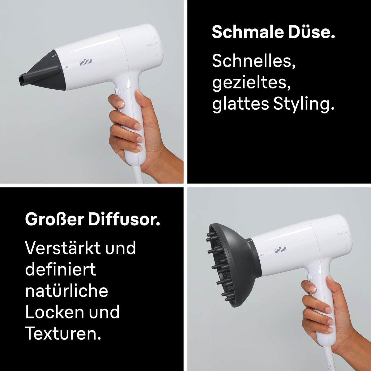 Braun Haartrockner HD2.21 – Ușor și eficient, cu difuzor și duză de styling pentru toate tipurile de păr, tehnologie IONTEC, 2200 W, 3 temperaturi și 2 viteze, Alb, BRHD226E - BRHD226SDE