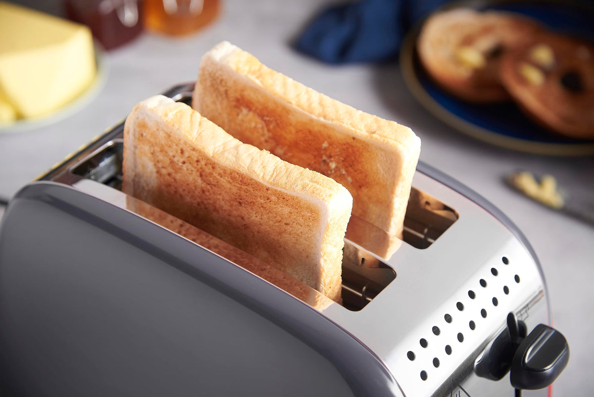 Russell Hobbs Toaster [for 2 slices] Colours Plus Stainless Steel Grey (extra wide toasting slots, includes bun warmer, 6 browning levels + defrost function, Lift & Look function, 1600W) 26552-56
