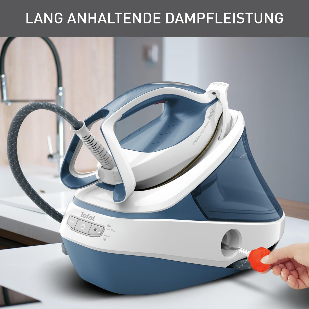 Tefal Pro Express Ultimate stație de călcat cu aburi, 7,6 Bar presiune a aburului, eliberare constantă a aburului: 155 g/min., impuls de abur: 580 g/min., fără setări, funcție de abur vertical, Alb/Albastru, GV9710