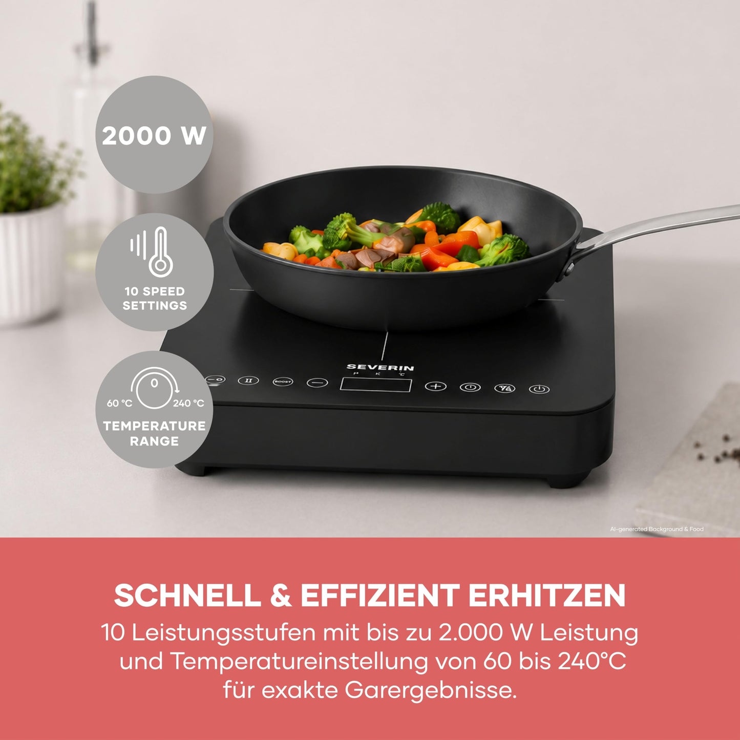 SEVERIN induction hob, 1 plate, 10 power levels, temperature range 60-240°C, touch display, Ø 22cm, matt hob, with glass ceramic hob, pot detection, black, 2,000 W, KP 1026