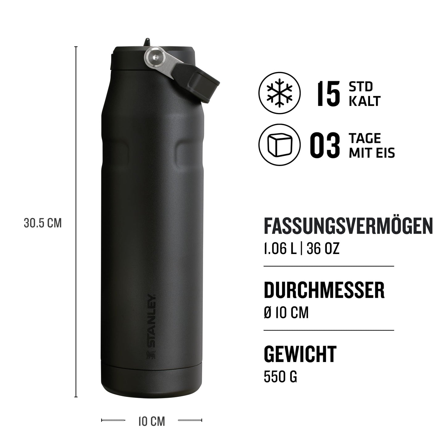 Stanley 1913 Flip Straw Drinking Bottle with Straw 1.06L - Thermal Mug Cools for 17 Hours - Ice Cold for 4 Days - BPA Free - Leakproof - For Drink Holders - Dishwasher Safe - Black - 100000108013