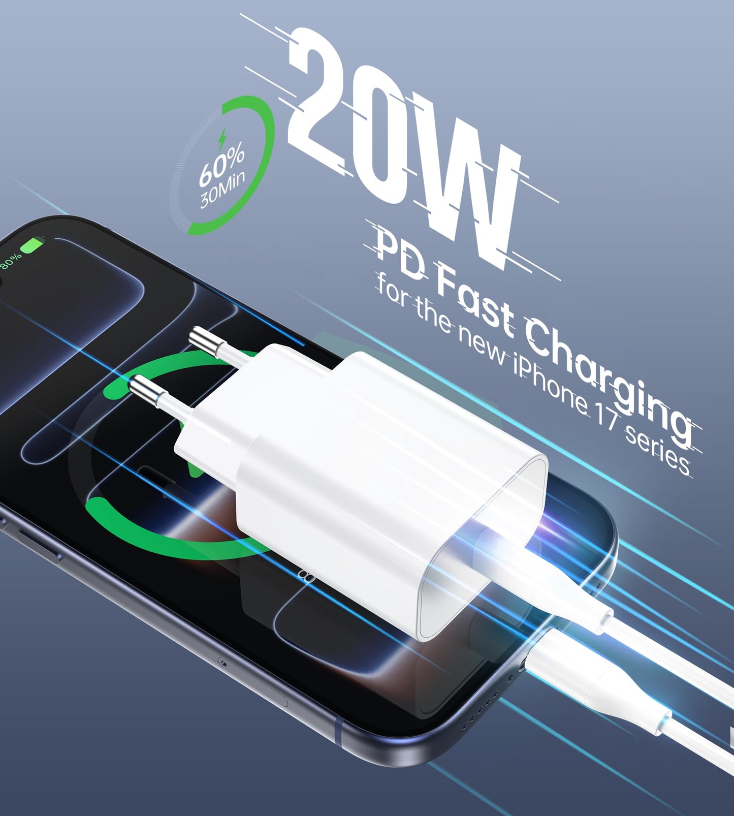 Seadmit 20W USB C adapter, USB-C charger compatible with iPhone 17/16/15/14/13 Plus Pro Max, iPad, Air-Pods, Samsung Galaxy S25/24/23, plug power supply quick charger charger (4 ports + charging cable)