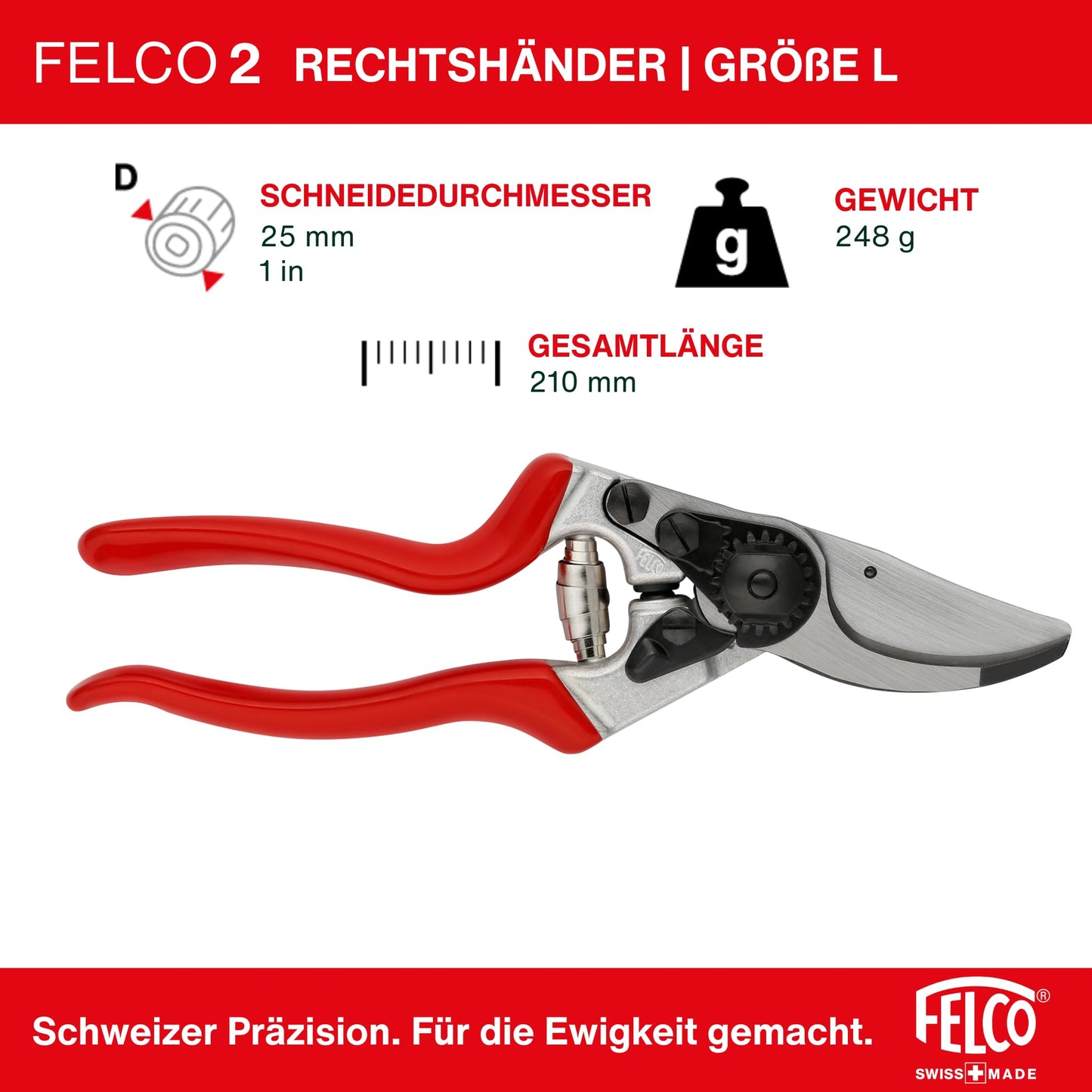 FELCO 9 left-handed bypass secateurs, ergonomic for large hands, 52mm steel blade, 25mm cutting diameter, shock absorber, forged aluminum handles, angled cutting head, Swiss Made - F-9