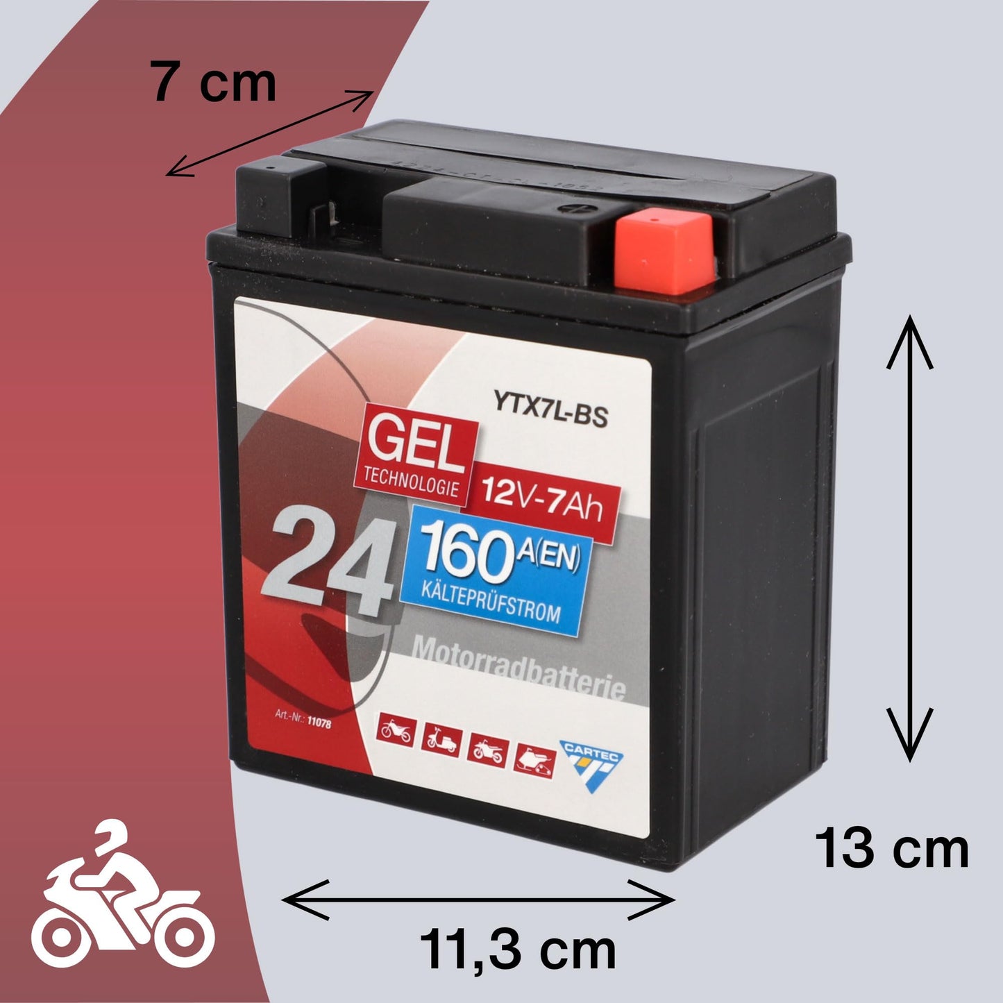 CARTEC motorcycle battery YTX7L-BS, 7Ah, 160A, gel technology motorcycle starter battery, original equipment manufacturer quality, cycle-proof, storable, maintenance-free, black - 11078