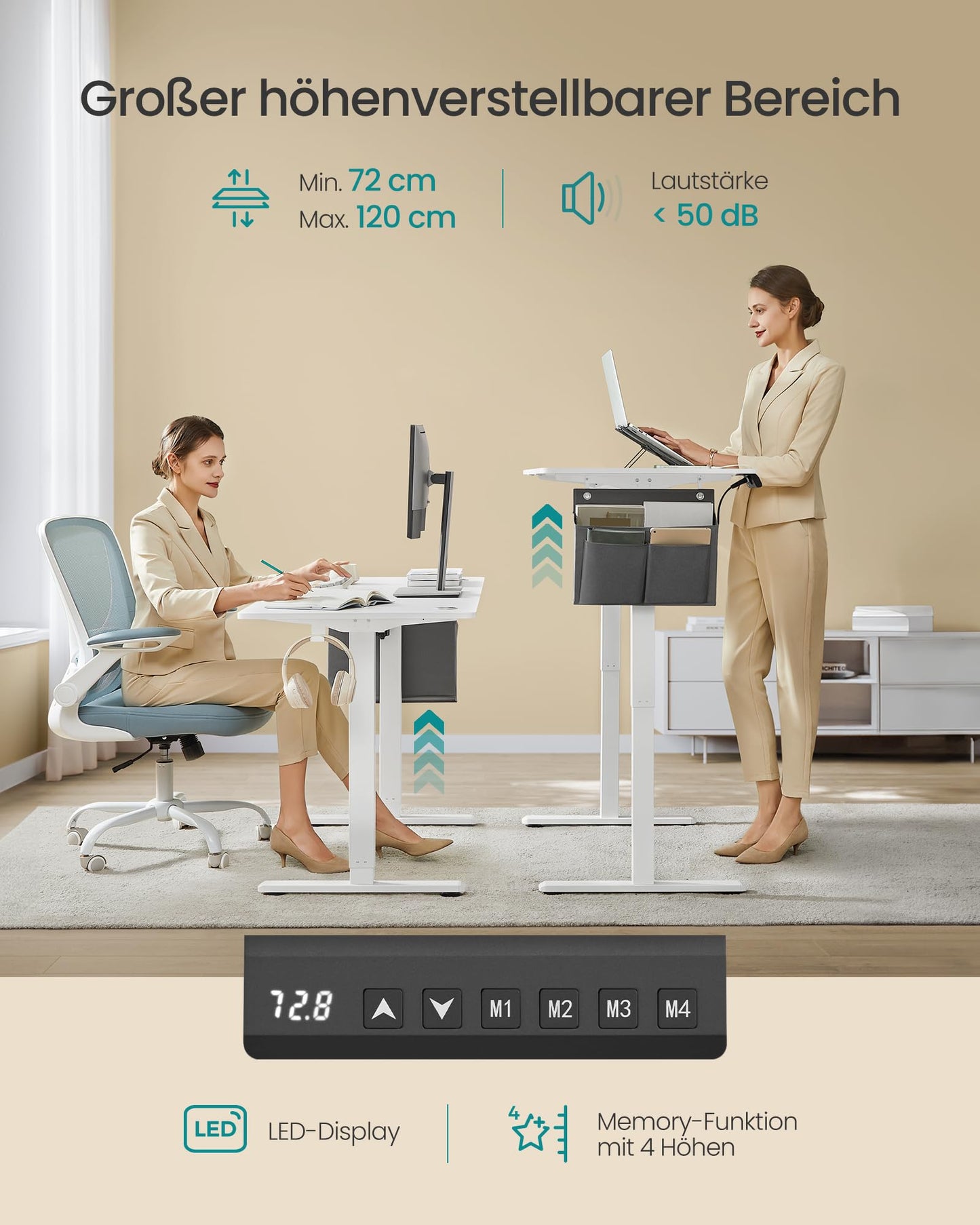 SONGMICS Electric height-adjustable desk, 140 x 60 cm, continuously adjustable, memory function with 4 heights, for office, cloud white LSD134W01 - LSD03X01