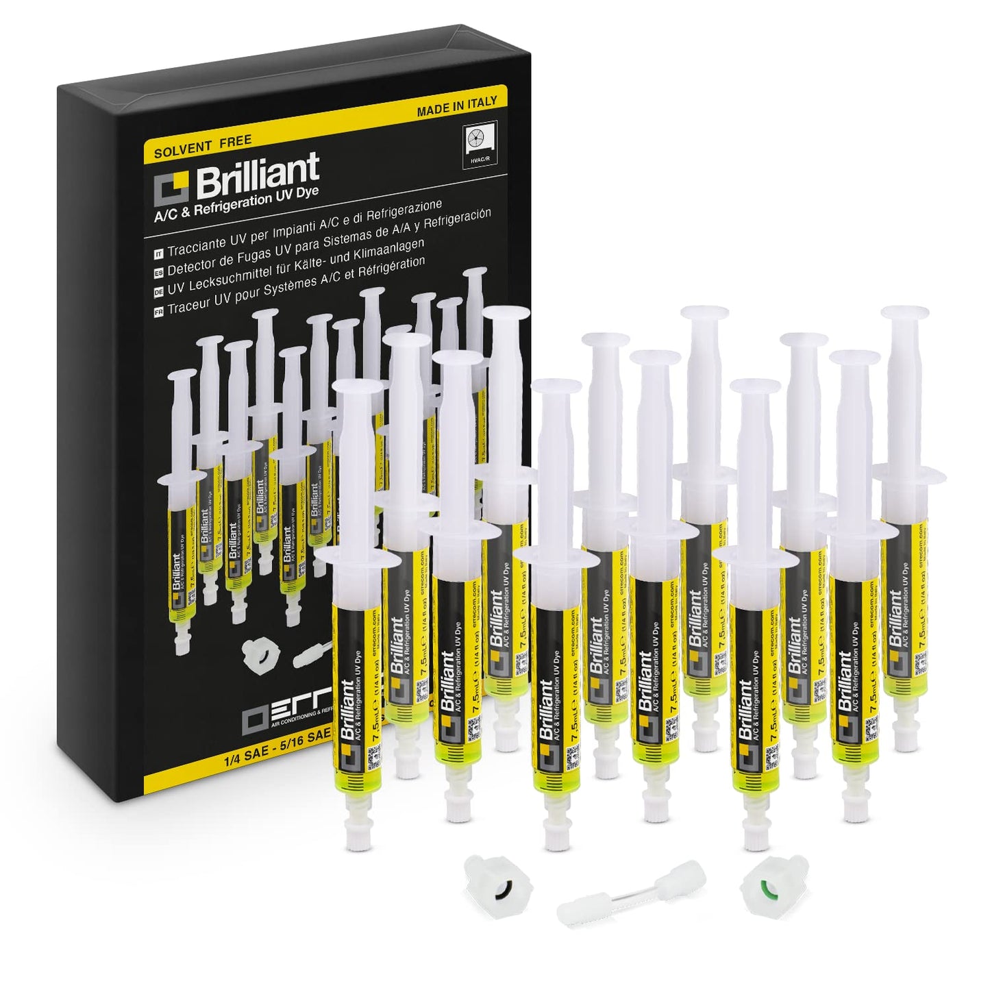 ERRECOM Brilliant - 12 x 7.5 ml, UV fluorescence tracer for detecting refrigerant leaks in car air conditioning systems, including 1/4 SAE and 5/16 SAE adapters (for R410a, R32) - TR1068.A12H3S2EC