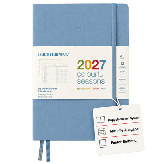 LEUCHTTURM1917 Weekly Calendar & Notebook Dotted Medium (A5) 2027, Colorful Seasons Blue, German, Hardcover, Calendar Overview 2026/2027/2028, Planning Overview 01.27-12.28, Project Planner, Folding Pocket - 400201