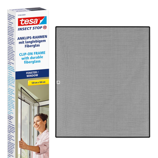 tesa Insect Stop clip-on frame fly screen for windows - for PVC windows - cuttable frame, fiberglass net, self-adhesive holding clips - 1.0 x 1.2 m - anthracite (clear) - 55360-00000-00