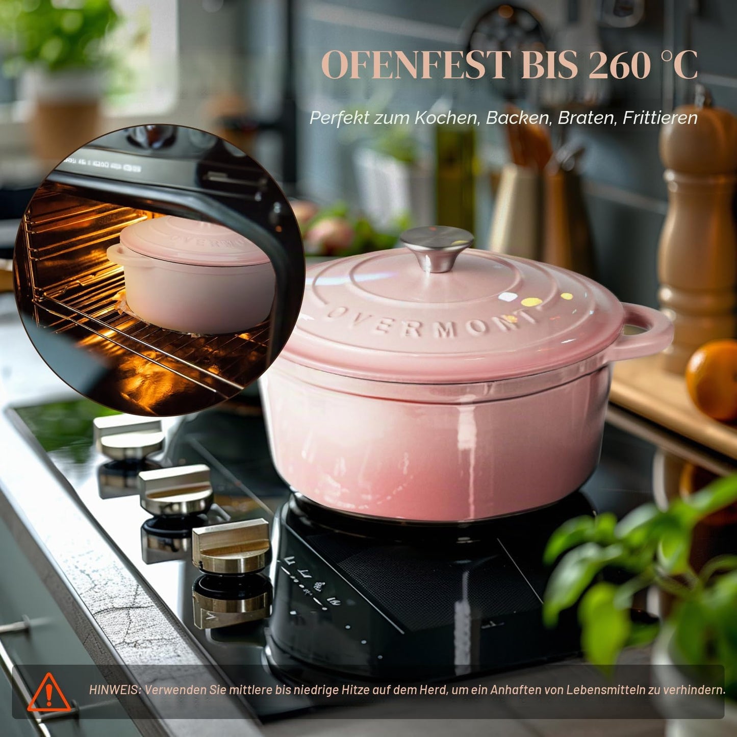 Overmont roasting pan enamel cast iron pot - casserole dish 24cm oven-safe - with lid and cookbook - for kitchen baking stewing roasting pink - Enamelled