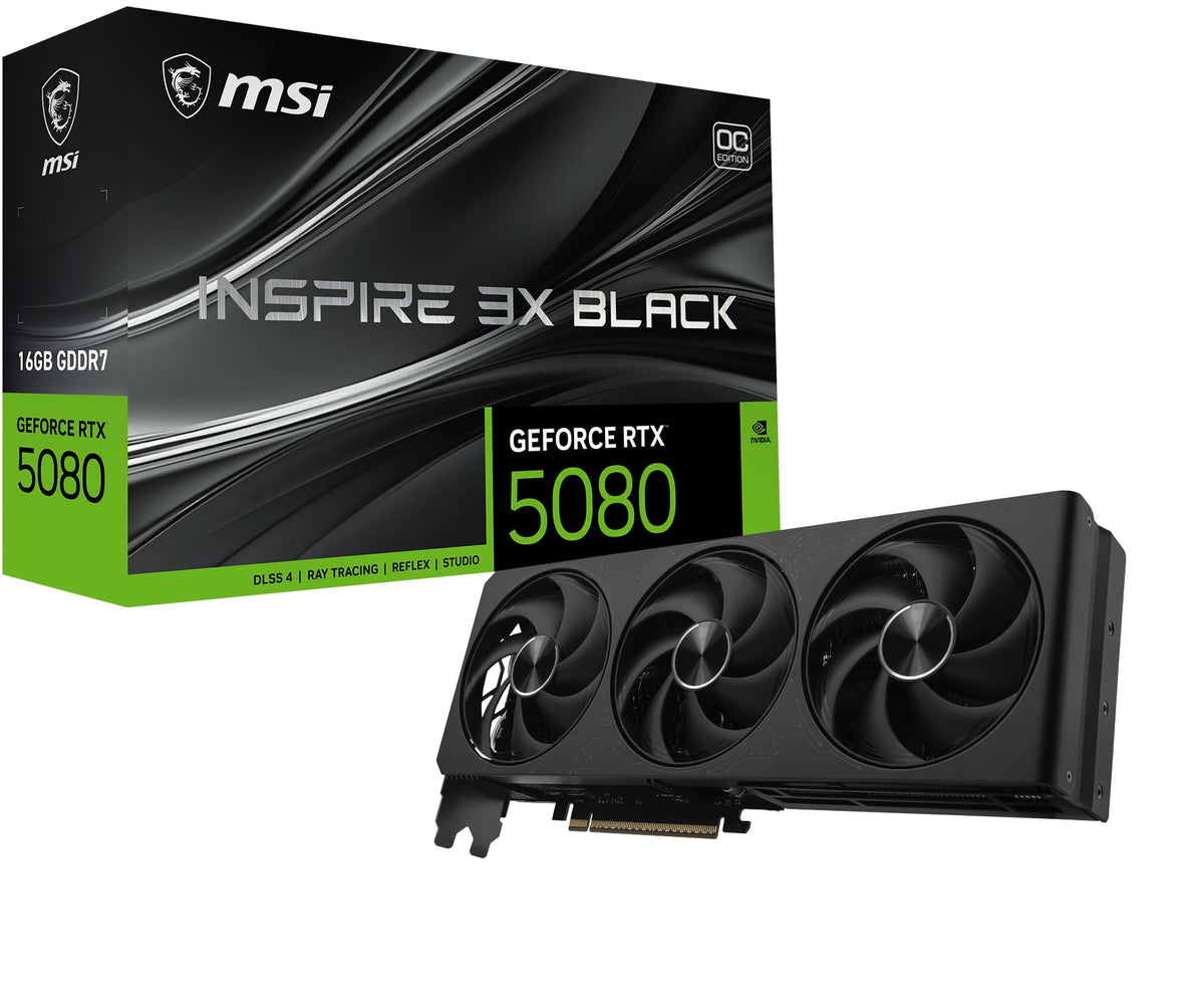 MSI GeForce RTX 5080 16G Inspire 3X OC Black - 16GB GDDR7 (30Gbps/256-bit), PCIe 5, Boost: 2640 MHz, HDMI 2.1b, DisplayPort 2.1b - V531-669R