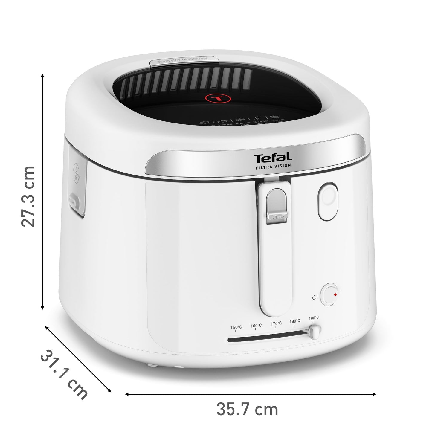 Tefal Filtra Vision Deep Fryer, 1kg Capacity, Extra Large Viewing Window, Modern Design, Folding Handle, Removable Parts, Timer, Temperature Control, White, FF2541E0