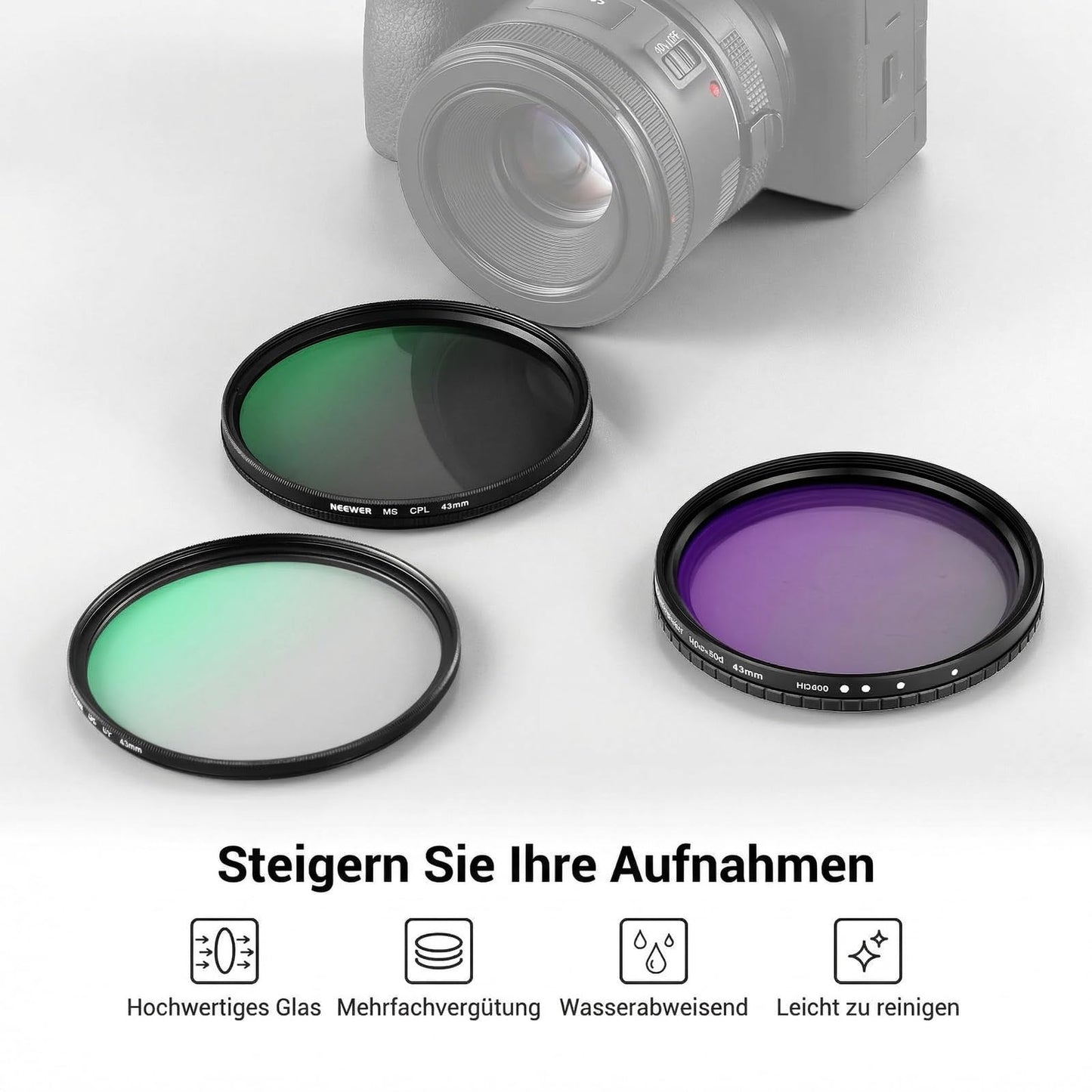 NEEWER 43 mm variable ND + CPL + UV filter set, pack of 3, multi-coated gray filter (ND2-400) circular polarization filter camera lens polarizing filter, photo accessories with carrying case lens caps - NW