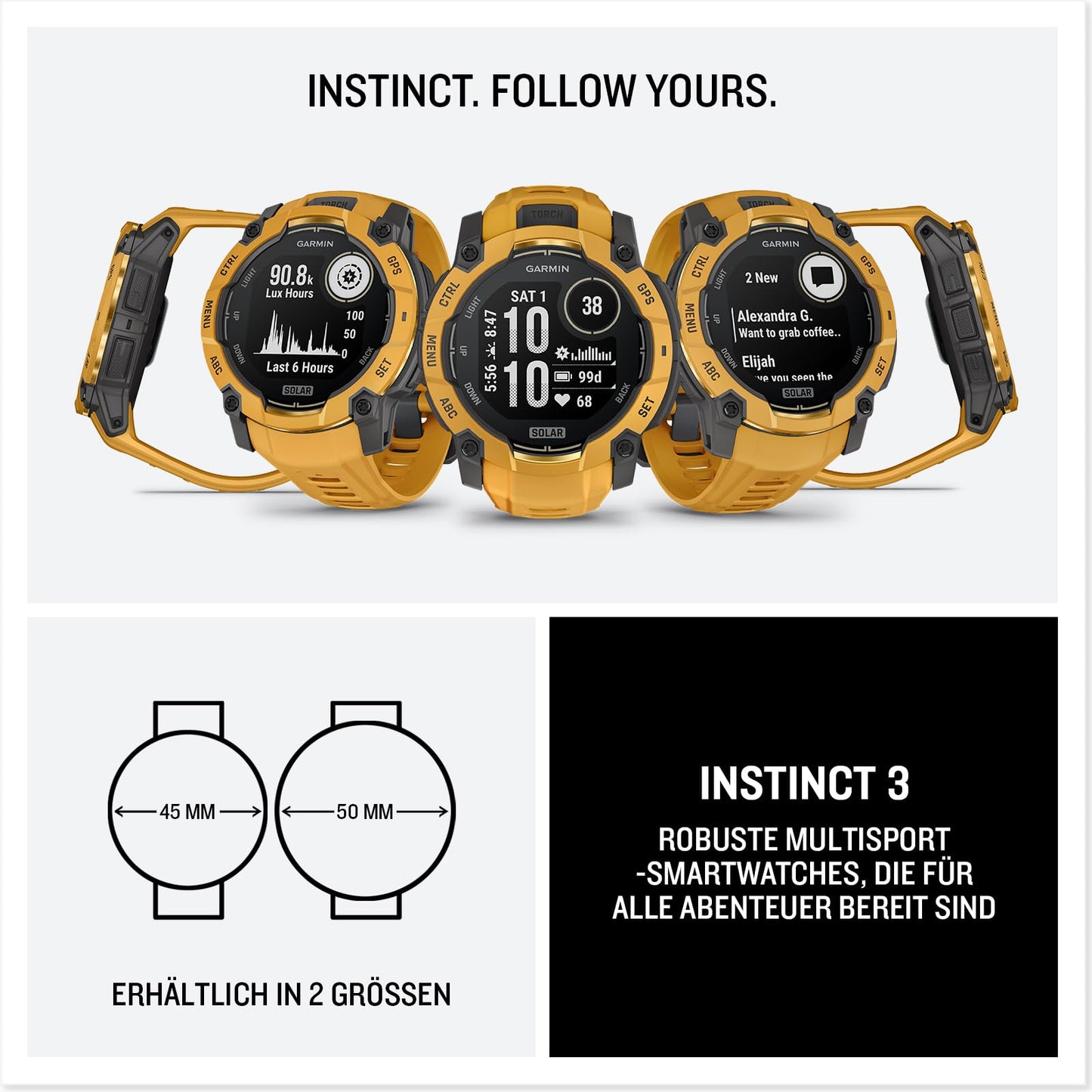 Garmin Instinct 3 45mm SOLAR - GPS multisport smartwatch, 0.9" display, up to 28 days battery life, 80+ sports apps, navigation function, smart features, LED flashlight, waterproof - 010-02934-02