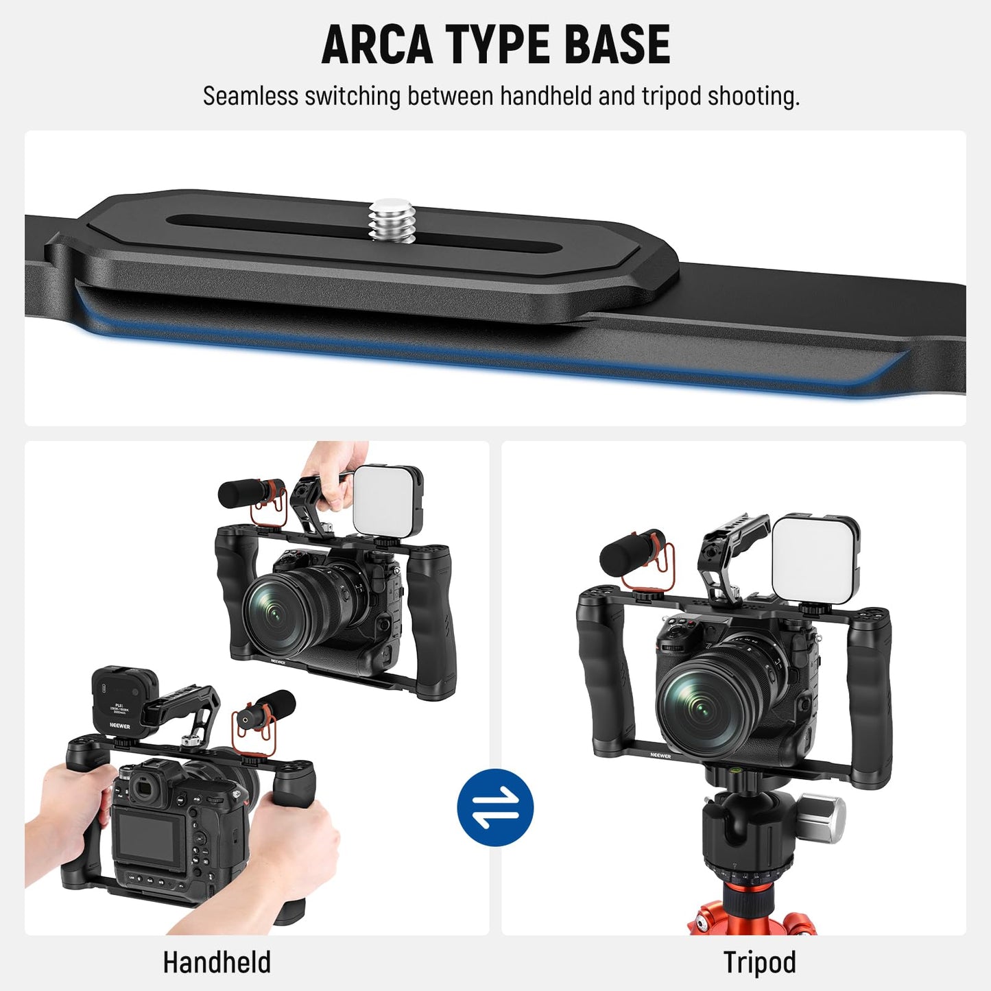 NEEWER Universal Cage Camera Cage and Top Handle with 3/8" ARRI Positioning Pin Set, Video Rig Stabilizer with Arca Base, Two Handles, Compatible with SmallRig Accessories, CA016T