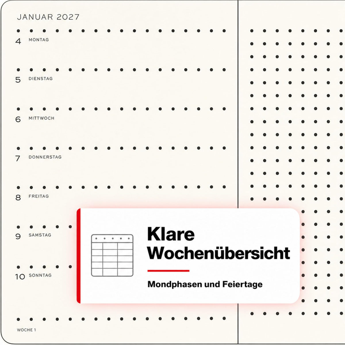 LEUCHTTURM1917 Calendar săptămânal 2027 punctat mediu (A5) cu caiet - Planificator de întâlniri german, negru, ianuarie-decembrie 2027, prezentare generală săptămânală în stânga + pagină cu note în dreapta - 400090