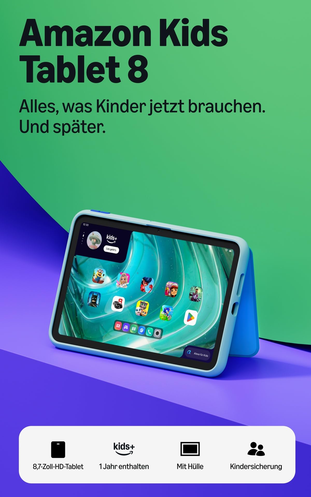 Amazon Kids Tablet 8 (latest generation), suitable for ages 6 and up, 8.7-inch HD display, all-day battery life, 1 year of Kids+ with videos, apps, games, and books, including a slim case (Turquoise) - RL3YT5