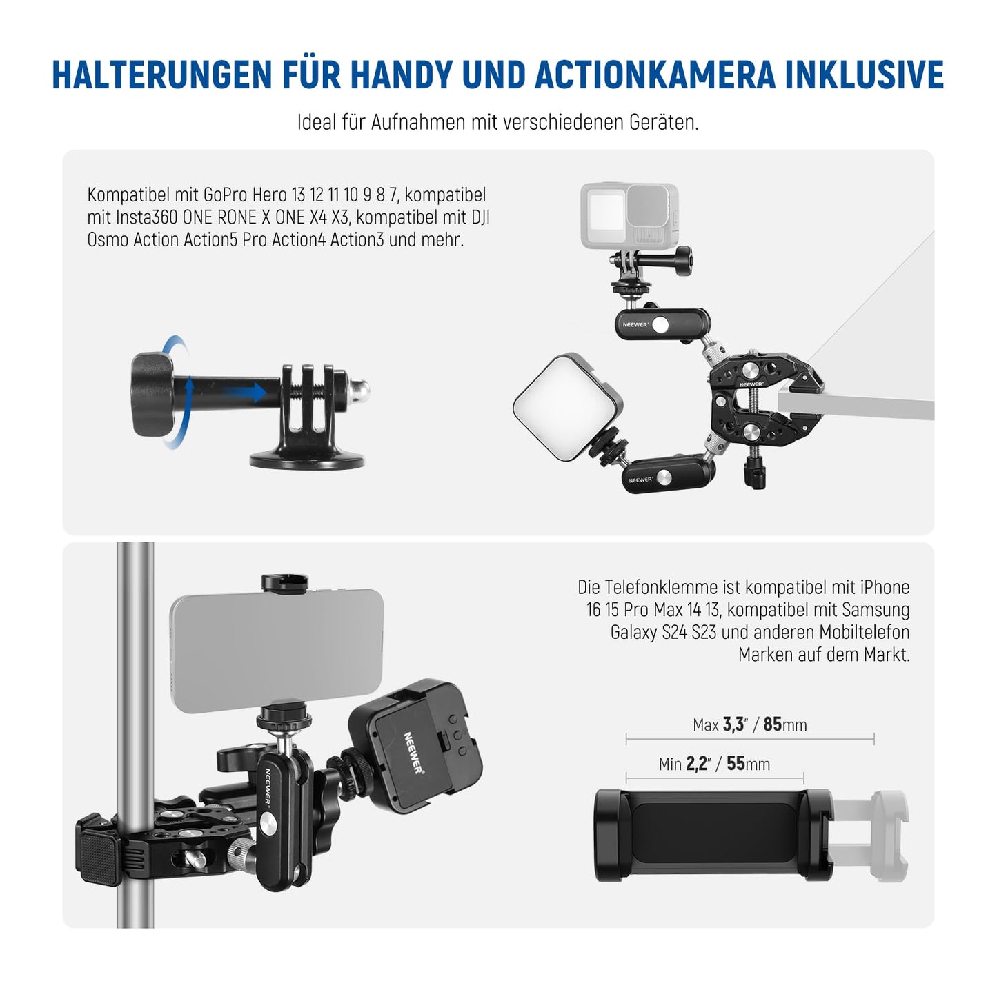 NEEWER Heavy Duty Super Clamp with Two 360° Double Ball Head Magic Arms 1/4" 3/8" Screw Thread Mobile Phone/Action Camera Mount Adapter Compatible with GoPro DJI Insta360 DSLR - 10106893