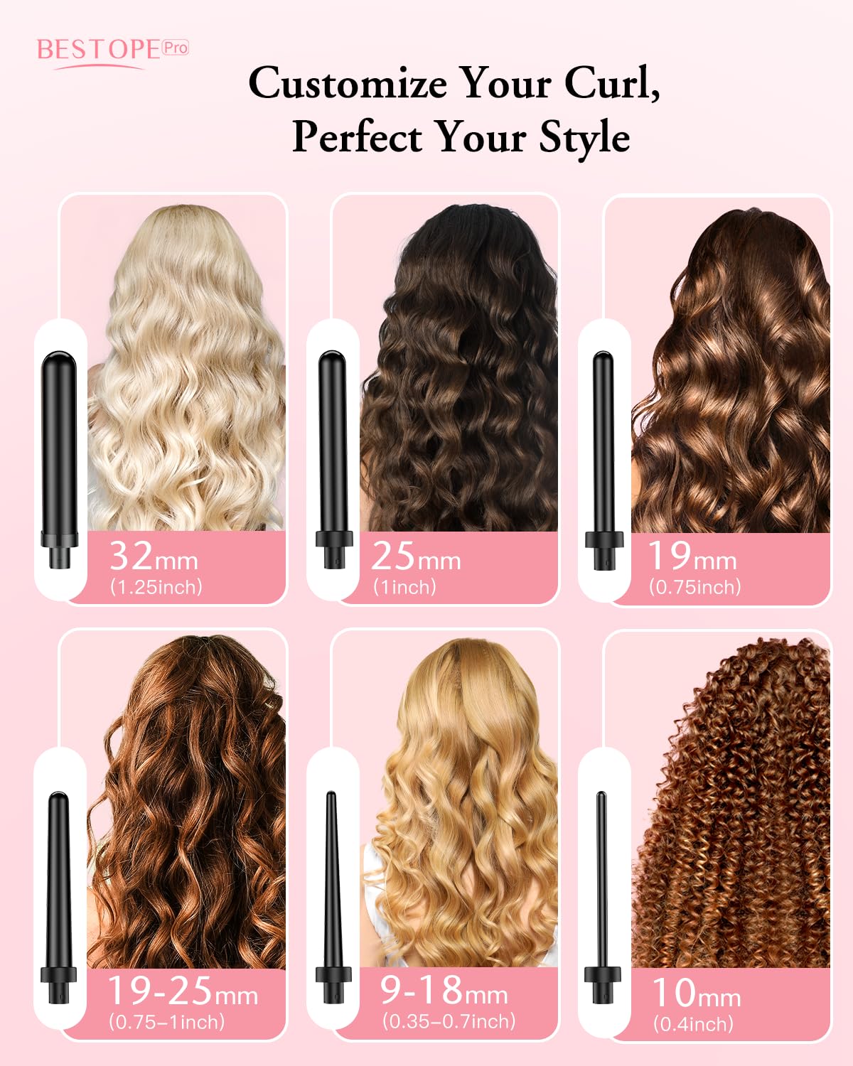 Curling iron large and small curls set - 6 in 1 with different attachments, anti-static ceramic tourmaline coating, wave iron for beach waves - L-F