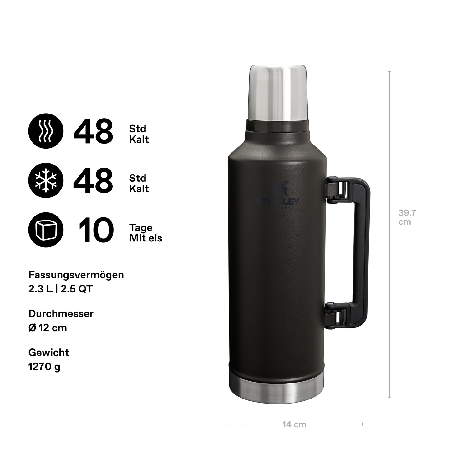 Stanley 1913 Classic Legendary Thermos Bottle 2.3L - Thermos Keeps Hot or Cold for 48 Hours - Stainless Steel Thermos Flask - BPA Free - Dishwasher Safe - Matte Black - 10-07935-045