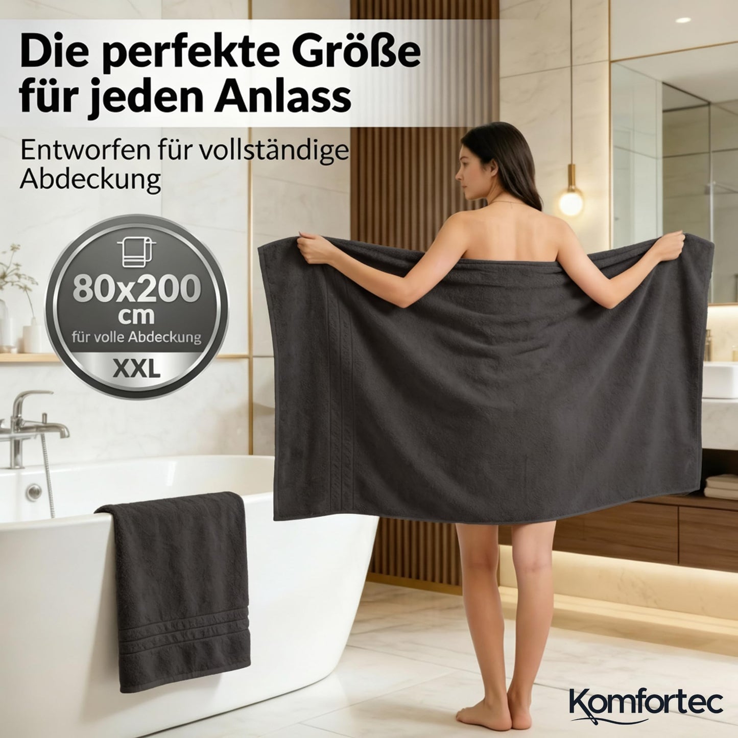 Komfortec 2 sauna towel set 80x200 cm, large sauna towels made of 100% cotton, sauna towels, fluffy and absorbent, quick-drying, black - 2er-80x200-schwarz