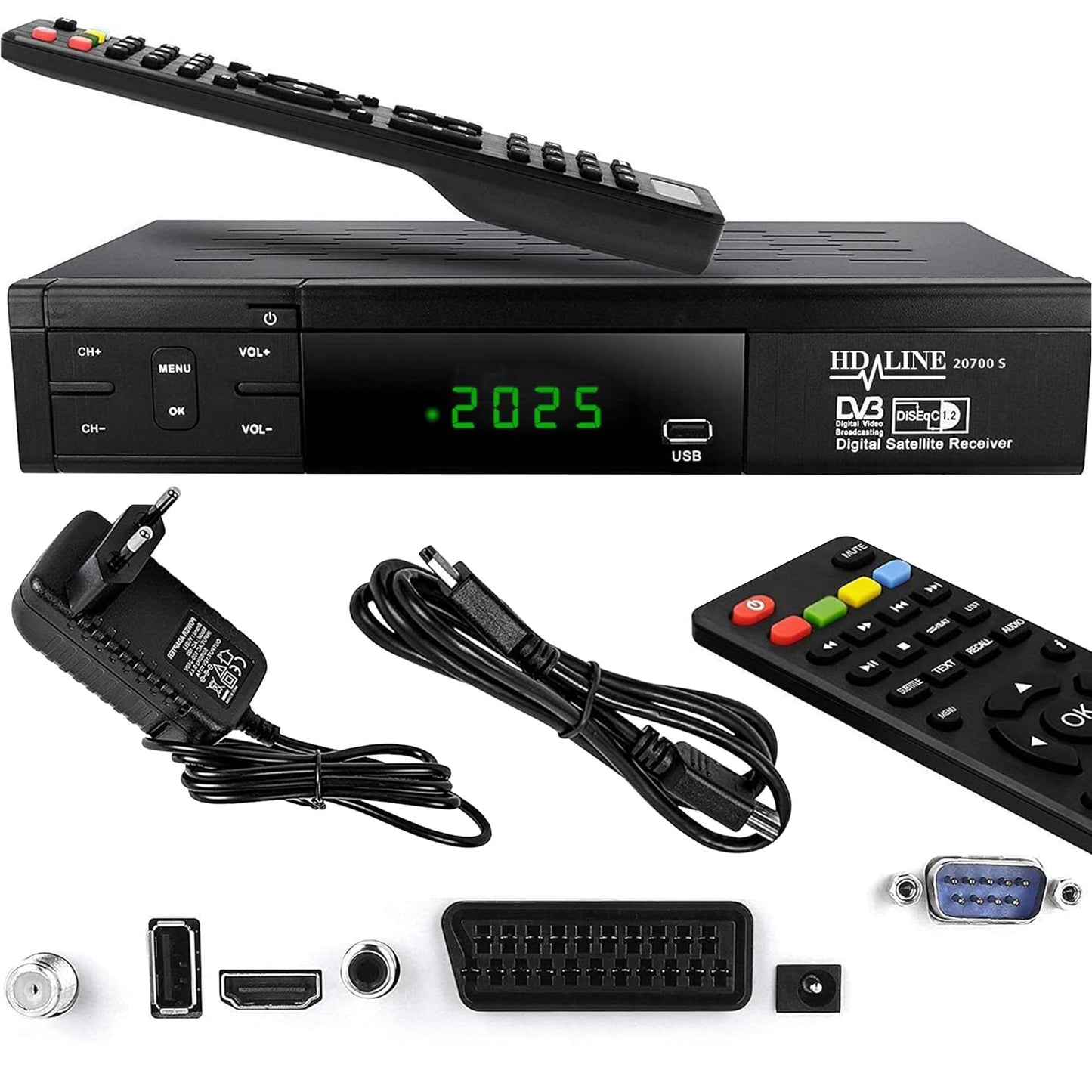 Hd-line 20700 HD Sat Receiver Satellite DVB S2 HD Receiver for SAT Digital Satellite SAT Receiver (DVB-S/S2, HDMI, SCART, 2X USB 2.0, Full HD 1080p) (Pre-programmed for Astra Hotbird and Türksat)