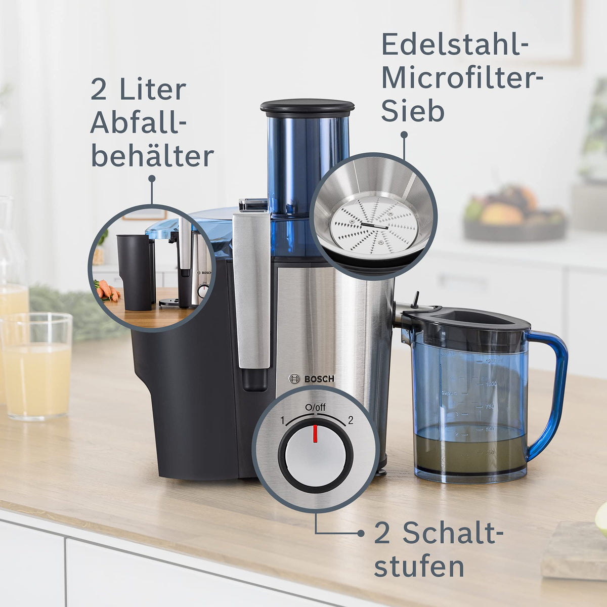 Bosch Hausgeräte Juicer VitaJuice 3 MES3500, electric juice press for fruits and vegetables, large feeding chute, 1.25l juice container, multiple speeds, dishwasher safe, 700 W, blue/silver, stainless steel