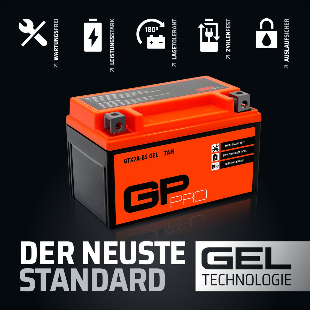 GP-PRO gel battery 12 V 7 Ah maintenance-free compatible with Kymco Super 8 50 - GP-003