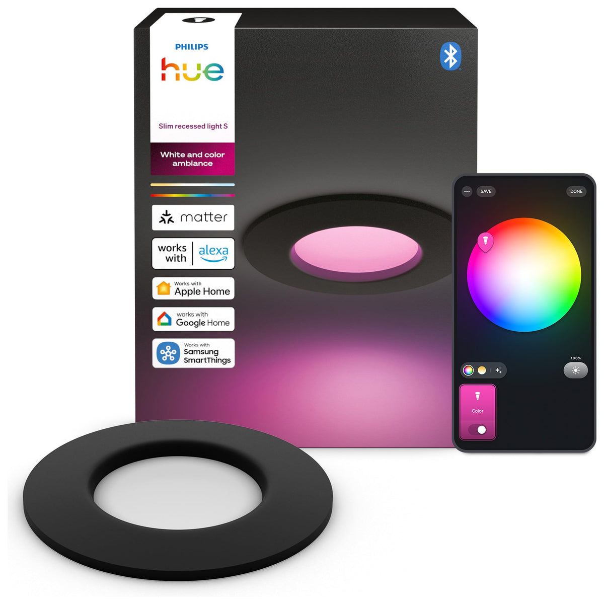 Philips Hue Slim Downlight, iluminare LED inteligentă, 1.000 lm, 90 mm, design subțire, spectru complet de lumină naturală 1.000–20.000 K, extrem de dimabil, culoare precisă, iluminat inteligent, negru, pachet de 1 bucată - 929004291101